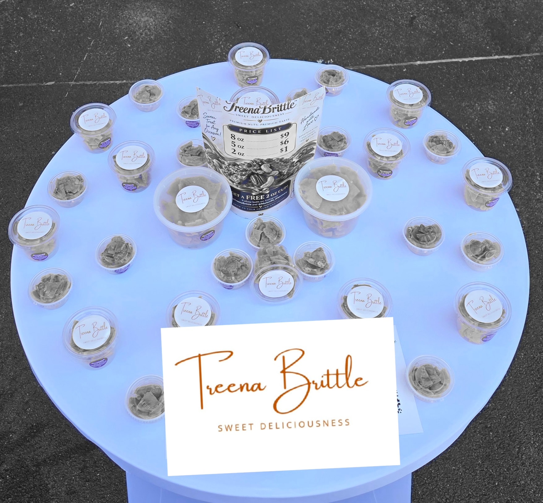 Treena Brittle product display on a blue table